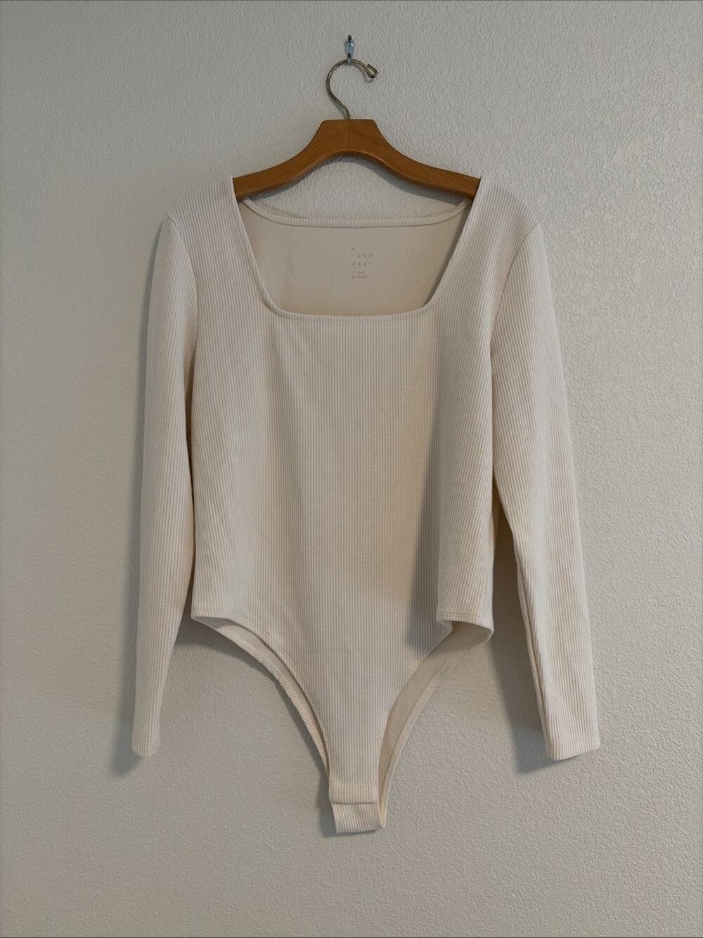 A New Day Ribbed Square Neck Long Sleeve Bodysuit Cream Off White XL Snaps